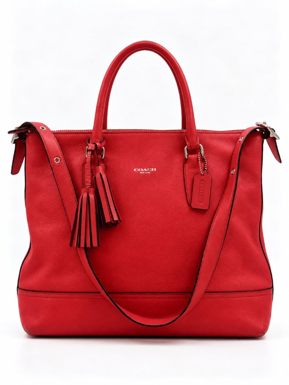 Coach Red Leather Large Tote Satchel Shoulder Bag Tassel Charm Crossbody